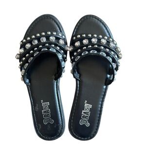 Brash Black Slide Sandals with Rhinestone & Stud Detail – Size 6